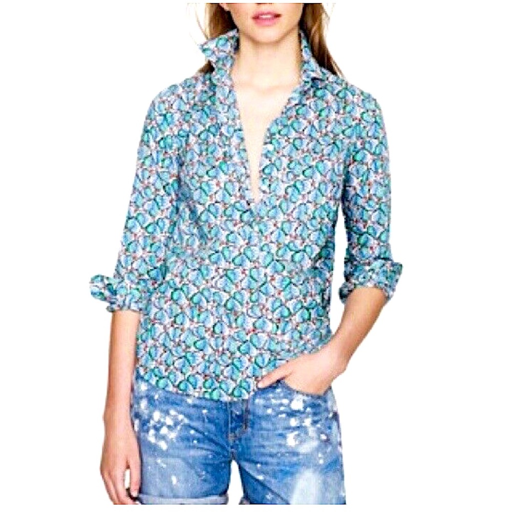 J. CREW POPOVER LEAF PATTERN GREEN BLUE BLOUSE TOP SIZE 6 RED